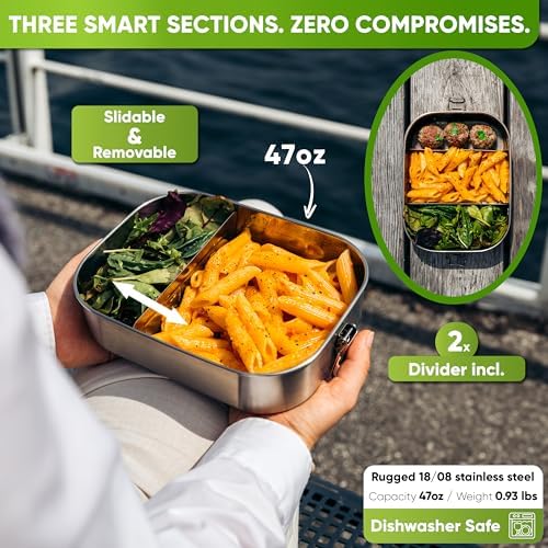 Stainless Steel Lunch Box for Adults I 47oz I Bento Box 3 Compartments with free Sealing, Leak-Proof Container, Metal Lunchbox for Travel, Work, Eco-Friendly Meal Storage Solution
