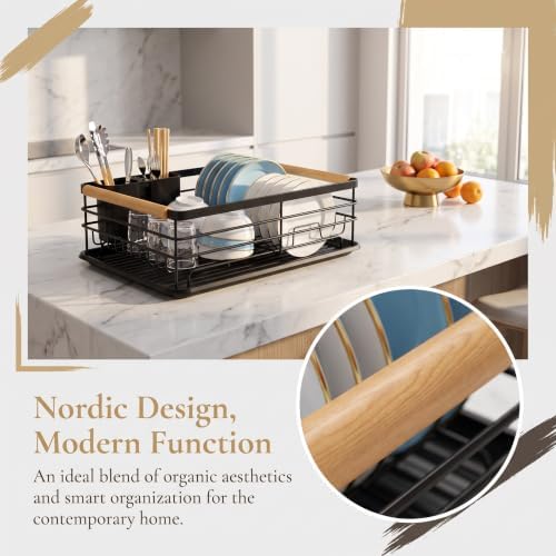 Dish Racks for Kitchen Counter, Thickened Metal Dish Drying Rack with Wooden Handles, Kitchen Countertop Organizer for Dishes, Spoons and Forks, No Assembly, Black, 16.7''*12.6''*5.12''