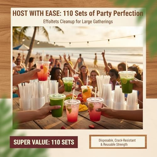 110 Pack 16 oz Clear Plastic Cups with Lids and Straws