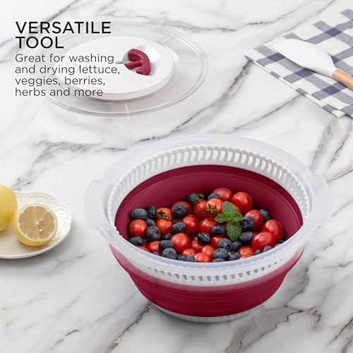 Collapsible Salad Spinner - 4 QT Space Saving Lettuce Dryer with Folding Collapsible Colander Great for Washing and Drying Fruit and Vegetables (Rose)