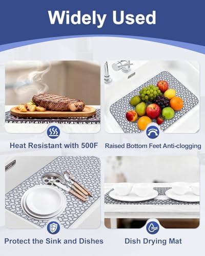 Silicone Sink Protectors for Kitchen Sink, 24.8"x12.9" Kitchen Sink Grid Accessory, Heat-Resistant, Non-Slip Silicone Grid Mat for Bottom of Stainless Steel & Farmhouse Sinks, Center Drain (Gray)