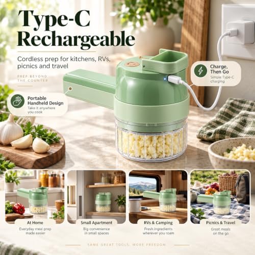 5-in-1 Wireless Electric Vegetable Chopper, Handheld Tool for Chopping, Slicing, Grating and Whisking, Rechargeable Processor with Cleaning Brush for Garlic, chili & Vegetables - Image 7