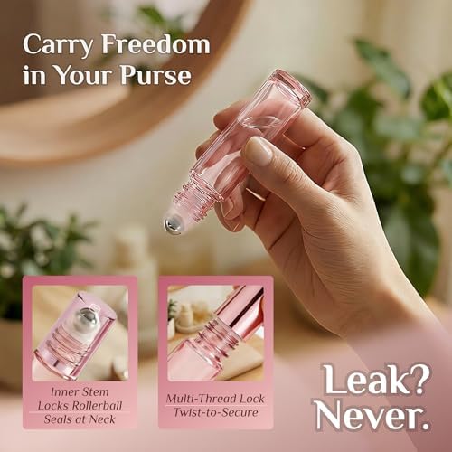 PrettyCare 24 Pack, 10 ml Essential Oil Roller Bottles with Stainless Steel Roller Ball - Refillable Leak-proof Empty Thick Pink Glass Roll on Bottles with Pink Caps for Travel, Perfume - Image 6