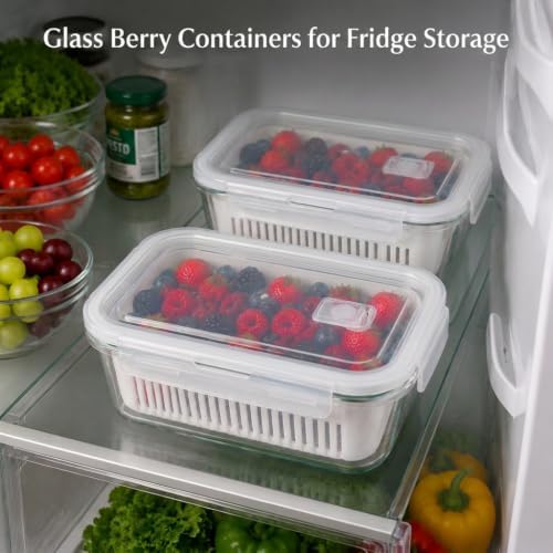 2 Pack 56oz Glass Berry Container for Fridge,with Removable Colander and Vent Valve, Fresh ProduceStorage Set（White）