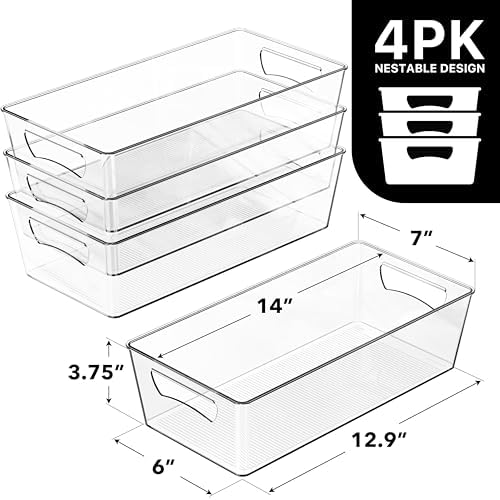 4 Pcs Pantry Clear Bin Storage Organizer, 14" x 7" x 3.75"