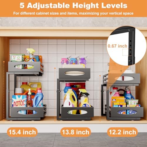 Under Sink Organizer, 2 Tier Under Sink Organizers and Storage, Adjustable Height, Slide out Metal Cabinet Organizers, Pull out Cabinet Storage Drawer Shelf for Kitchen Bathroom (Black, 1 Pack)