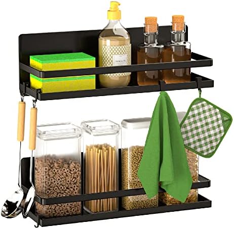 Magnetic Spice Rack Refrigerator Magnetic Shelf Fridge Organizer Space Saver Container for Kitchen/Apartment, Drill free, Black 4 Packs