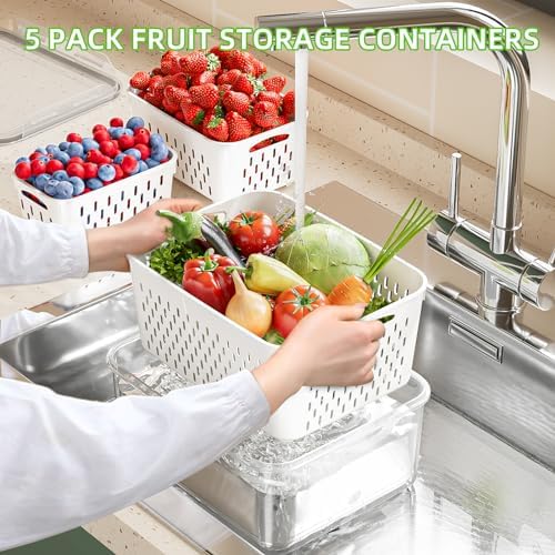 5 Pack Fruit Storage Containers for Fridge with Removable Colanders - Food Storage Containers with Lids, BPA-Free Produce Containers Keep Fruits, Vegetables, Berry, Meat Fresh Longer