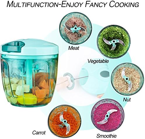 Manual Food Processor Vegetable Chopper, Portable Hand Pull String Garlic Mincer Onion Cutter for Veggies, Ginger, Fruits, Nuts, Herbs, etc., 900ml, Blue