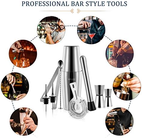 9-Piece Cocktail Shaker Set – 800ml Boston Shaker Dual Jiggers Muddler Bar Spoon Strainer Tongs & Pourers – Gift Box for Home Entertaining