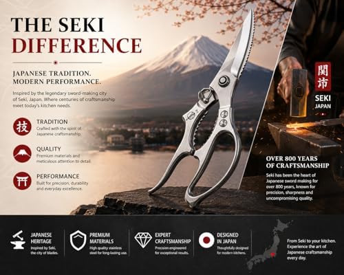 SEKI Heavy Duty Kitchen Scissors, 315g Take-Apart Poultry Shears with Safety Lock, Sharp Serrated Blades, All Purpose Food Scissors for Chicken, Meat, Fish, Turkey, Herbs & Vegetables