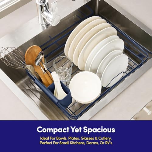 Dish Drying Rack 3 Piece Dish Drainer with Drainboard Set for Kitchen Counter – Dish Rack with Removable Utensil Holder & Swivel Spout for Countertop – DishRack for Plates, Cups & More, Navy