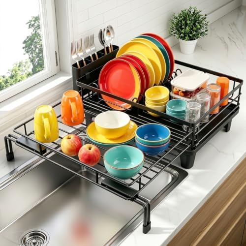 Expandable Dish Drying Rack for Kitchen Counter, 1-Tier, Heavy Duty Carbon Steel Over Sink Dish Drainer, Rust-Resistant Adjustable Dish Rack with Utensil Holder, Large Capacity, Black
