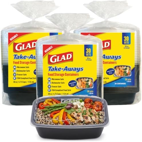 Take-Aways 38 oz Food Storage Containers, 90 Pack, Snap-Seal Lids, Made in North America, Microwave, Freezer & Dishwasher Safe