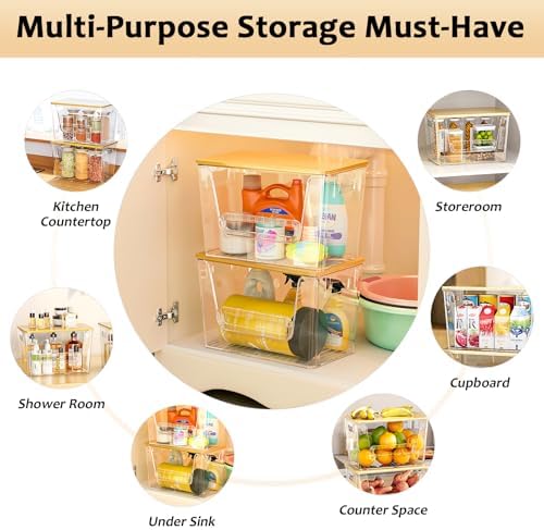 2 Set Pantry Organizers and Storage, Trash Bag Holder Under Sink Organizer for 4-13 Gal Bags, Trash Bag Dispenser with Bamboo Top for Onion, Potato, Garlic, Clear (11-7/32"L*7" W*7-1/8"H)