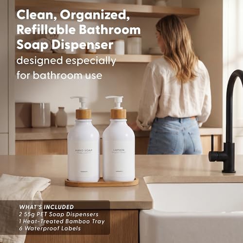 Soap Dispenser Bathroom Set of 2-16.9 oz Bathroom Soap Dispenser Set - White Plastic Bottles x 2 with White Bamboo Pumps & Tray