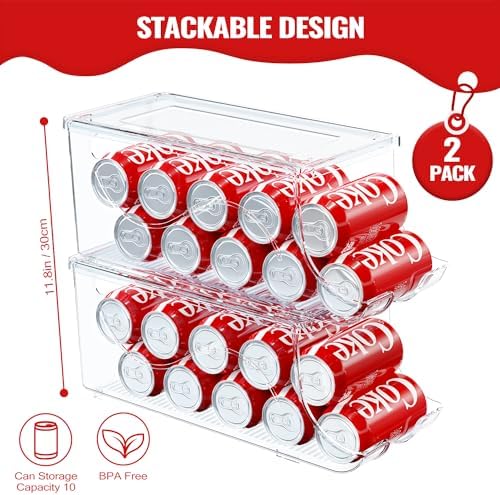 2 Pack Stackable Refrigerator Organizer, Soda Can Dispenser Pop Cans Container Beverage Holder with Lid for Fridge, Freezer, Kitchen, Clear Plastic Storage Bins-Holds 10 Cans Each