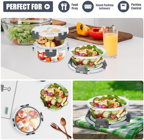 6 Pack 13 oz Small Round Glass Meal Prep Containers with Airtight Lids