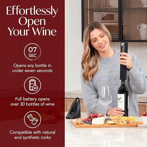 Rechargeable Electric Wine Bottle Opener - Charging Base and Foil Cutter Included with Automatic Wine Opener - Electric Corkscrew for Easy Cork Removal - Best Gift for Wine Lover (Black & Silver)