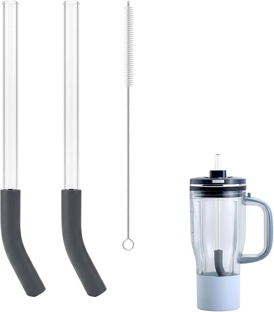Replacement Glass Straw Compatible with Ninja BlendBOSS Smoothie Blender Travel Tumbler, Reusable & Durable Clear Straw with Cleaning Brush Fit for Ninja BlendBOSS 26oz Cup (2 Pack)