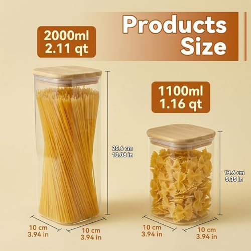 2PCS Glass Storage Containers with Lids, Airtight Pantry Storage Containers Glass Jars Kitchen Canisters, Flour Sugar Coffee Food Storage Dishwasher Safe (1.16Qt*1/2.11Qt*1)