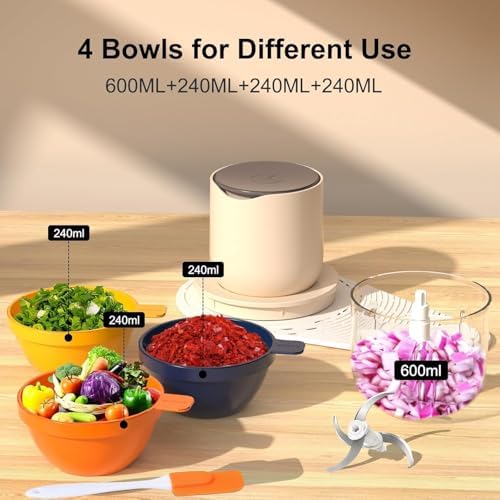 Cordless Mini Food Processor – USB-C Rechargeable 4-Bowl Set (600ML + 3×240ML), Portable Electric Chopper, Blender & Meat Grinder for RV, Dorm, Seniors & Small Kitchens (Beige) - Image 2