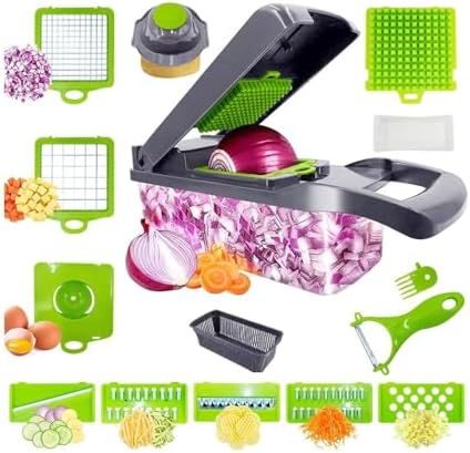 Multi Functional Vegetable Chopper, nicer dicer, 16 in 1 professional vegetable and food slicer, and Vegetable Cutter, for Potatoes, Onions, Vegetable Chopper with Container and Basket by Unknown