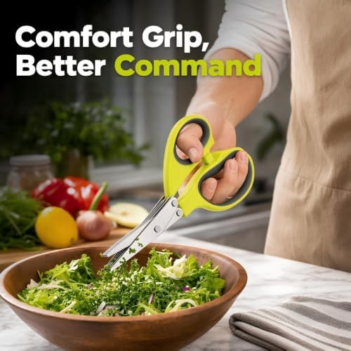 Multipurpose 5 Blade Herb Scissors with Cleaning Comb,Kitchen Herb Shears Herb Cutter with Cover and Cleaning Comb for Chopping Basil Chive Parsley Cool Kitchen Gadgets，Green-2pc