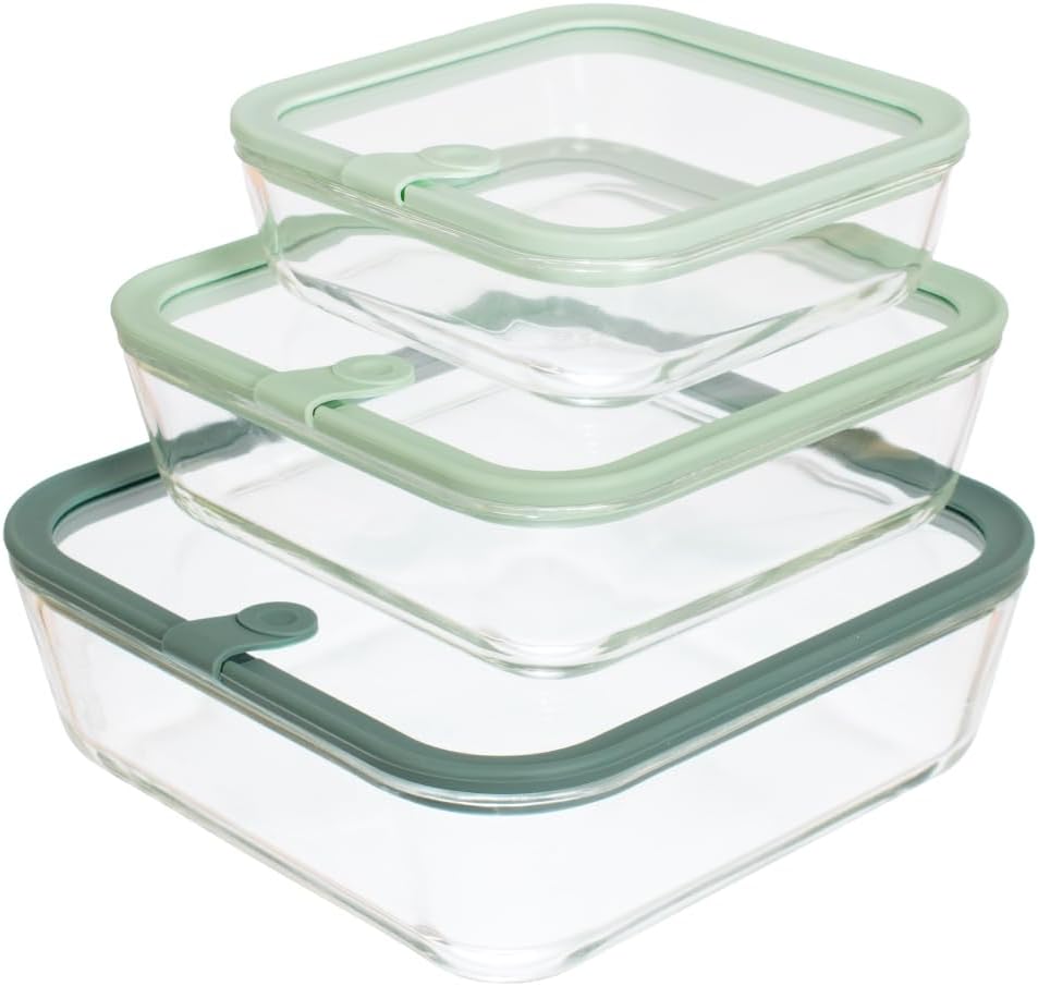 Glass Food Storage Containers, Set of 3 - Airtight Vacuum Sealed Steam Vent Lids - Square Borosilicate Glass Dishes with Ombre Green Lids - Assorted Sizes for Meal Prep & Leftovers, Sage