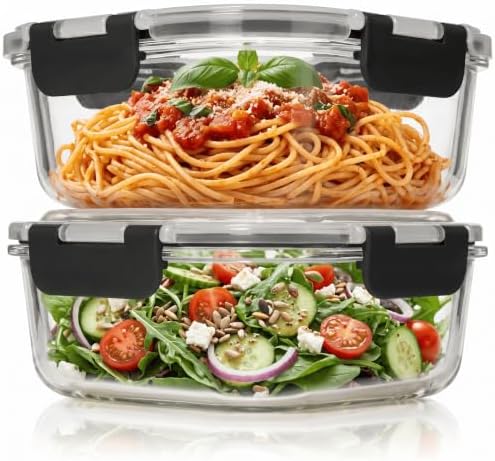 2 PC 1200ML / 41 Oz Glass Food Storage Containers with Lids - Airtight & Leakproof - Microwave/Oven/Freezer Safe - BPA Free - Ideal for Meal Prep, Storing Leftover & Lunch