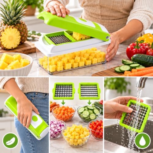 Vegetable Chopper – Original As Seen On TV Food Dicer with 2 Stainless Steel Blades, Large 2-Cup Container, Cleaning Tool, Dishwasher Safe Onion & Vegetable and Fruit Cutter