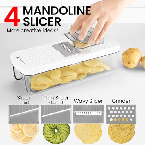 8-in-1 Vertical Vegetable Chopper Mandoline Slicer with Container White - Safe Tap Out Dicer with Hand Guard for Kitchen Easy Food Prep, Onion Potato Veggie Fruit