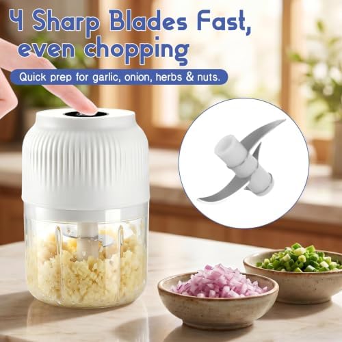 Electric Garlic Chopper, 2026 New Mini Food Processor & Food Chopper for Kitchen, Portable Cordless Garlic Mincer with 4 Stainless Steel Blades, Small Vegetable Chopper for Onion Salad (White, 300ML) - Image 4