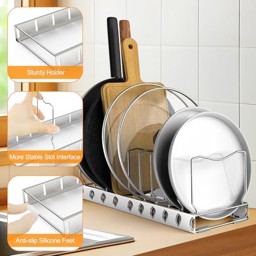 2 Pack 10-Tier Pan Organizer Adjustable Lid Organizer Kitchen Organizers and Pan Organizer and Storage Pot Heavy Duty Pot Lid Organizer for Kitchen Under Sink Storage Drawer