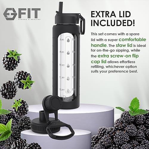 32 oz Glass Water Bottle with Straw Lid - Wide Mouth Borosilicate Glass Water Bottles with Time Marker, Silicone Sleeve & Extra Lid - 1L Large Motivational Drinking Bottle