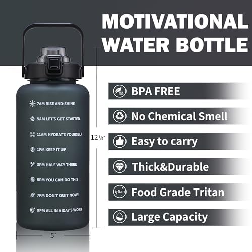 64oz,100oz,128oz Large Motivational Water Bottle with Time Marker, Leakproof & BPA Free Half Gallon Big Water Bottle with Straw Handle Tritan Frosted Water Jug for Gym,Fitness,Outdoor Sports