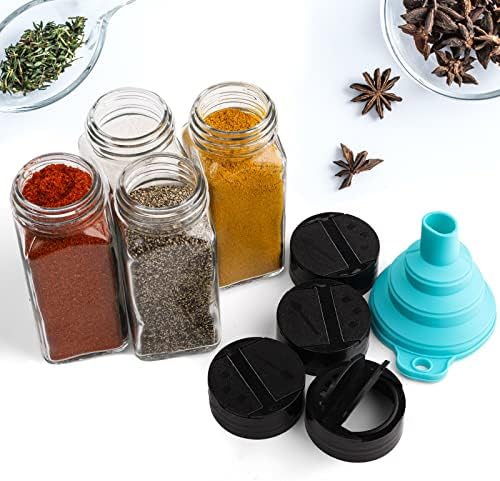 30 Pack Glass Spice Jars Square Glass Bottles with Black Caps, 4oz Empty Spice Containers Shakers Complete Organizer Set Includes Wide Funnel and Labels
