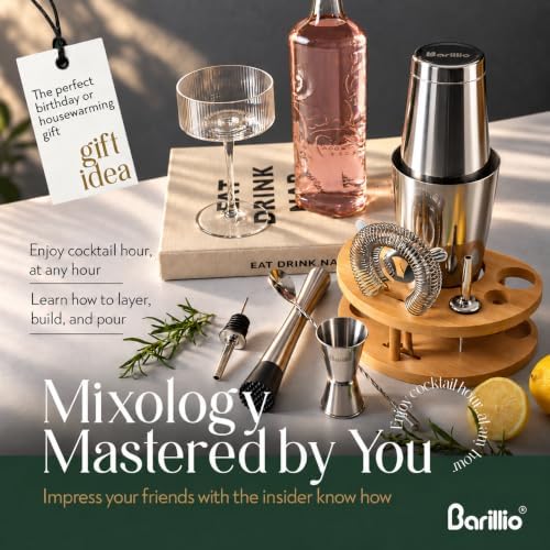 Elite Mixology Bartender Kit with Stand - Cocktail Shaker Set with Bamboo Stand, Boston Drink Shaker, Mojito Muddler, and Drink Mixer Spoon - 9-Piece Bar Tools Set - Bar Accessories for Home