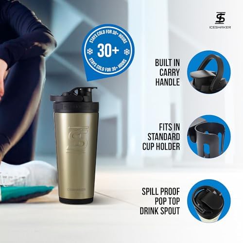 Insulated Stainless Steel Shaker Bottle | 26oz, Gold | Cold for 30+ Hours | Insulated Cup with Twist-on Agitator | Odor-Free Bottle for Protein Shakes, Water, Smoothies, Cocktails