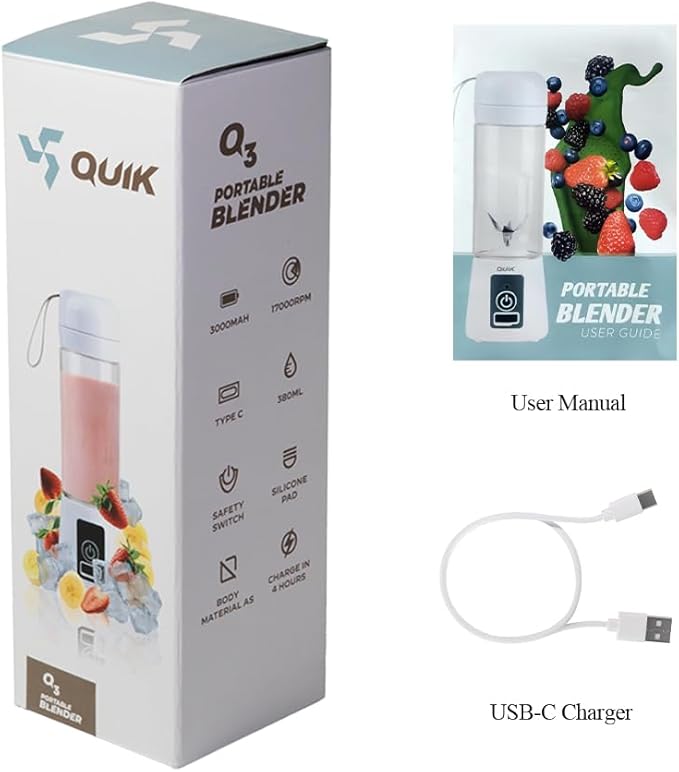 Portable Blender - Cordless 13oz. Personal Blender for Shakes and Smoothies, Licuadora, BPA Free, USB-C Rechargeable, Mini juicer for Travel, Leakproof, Juicer Cup, Ice Crush (White)