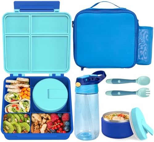 Kids Bento Lunch Box with 8oz Soup Thermo, Water Bottle, Kids Leakproof Lunch Food Containers with 4 Compartment, Insulated Hot Food Jar with Lunch Bag for School, Trvael (Blue)