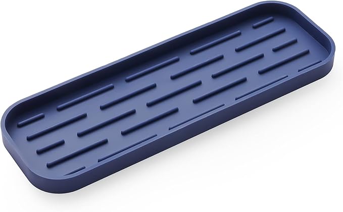 MicoYang Silicone Kitchen Sink Organizer Tray for Multiple Usage,Eco-Friendly Sponges Holder for Kitchen Bathroom Counter or Sink,Dish Soap Dispenser,Scrubber,Bottle,Cup (Navy Blue, 12"×4")