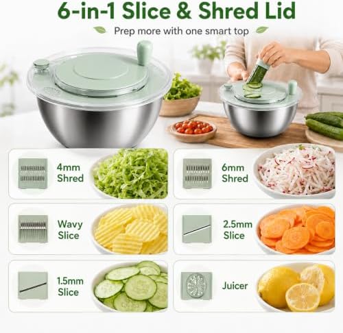 Stainless Steel Salad Spinner, 4.25Qt Lettuce Spinner with 5 Blade Slicer