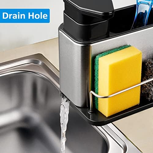 Soap Dispenser for Kitchen Sink, 3-in-1 Sponge Holder for Kitchen Sink Caddy, Stainless Steel Kitchen Sink Organizer Tray Drainer Rack, Rustproof Dish Soap Dispenser Brush Holder Countertop