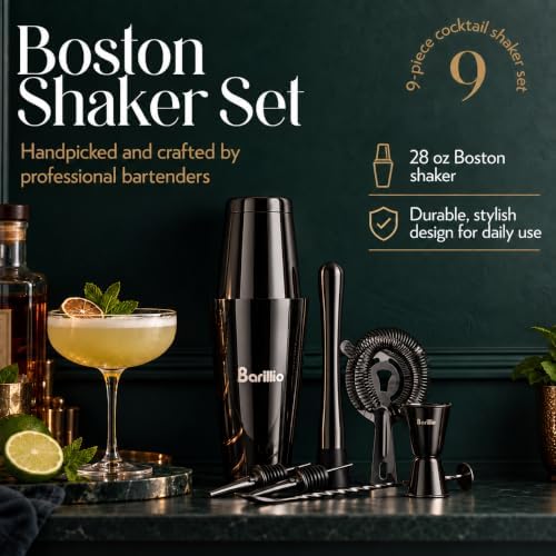Black Boston Shaker Set - Stainless-Steel, Weighted Martini Cocktail Shaker Set w/Strainer & Mixer - Mixology Bartender Kit - Bar Set for the Home - 9-pc Drink Set - Bar Tools