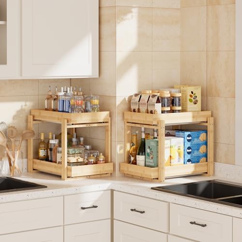 2 Pack Bamboo Under Sink Organizer, 2-Tier Pull Out Storage Drawers