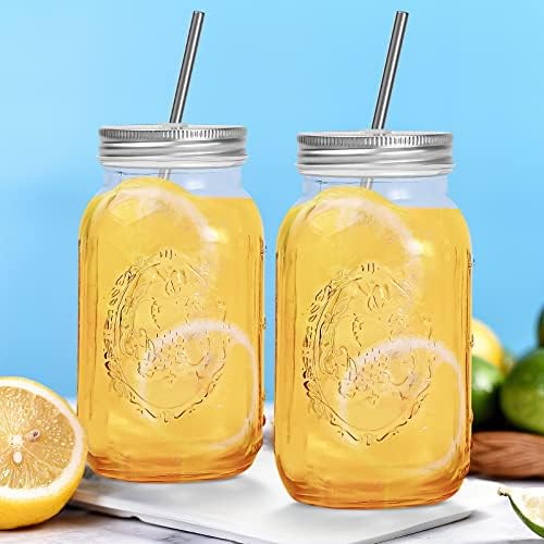 Smoothie Cups, Glass Mason Drinking Jar, 24oz Smoothie Cups with Lid and Stainless Steel Straw, Drinking Mugs, Tea Cup Travel Mug, Ideal for Juice, Milk (Pack Of 2, Clear)