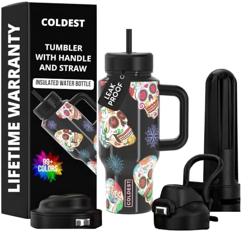 Coldest Tumbler with Handle & Coffee Lid - 100% Spill Proof Tumbler (3 Lids) - Stainless Steel Insulated Leakproof Tumblers for Women & Men - Cup Holder Friendly - 24 oz (Sugar Skulls) by Coldest