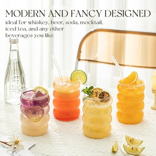 2PCS Wave Bubble Beverage Glasses With Straws, 18 Oz Vintage Glass Cups, Aesthetic Iced Coffee Glasses, Ripple Glassware, Beer Glasses - Stylish Drinkware for Every Occasion