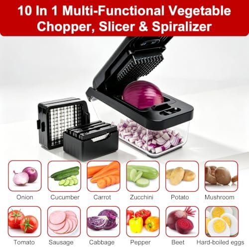 Vegetable Chopper, 10-in-1 Mandoline Slicer and Chopper with 10 Interchangeable Blades & Container, 304 Stainless Steel Press Lid, Onion Chopper, Potato Slicer, Julienne Cutter
